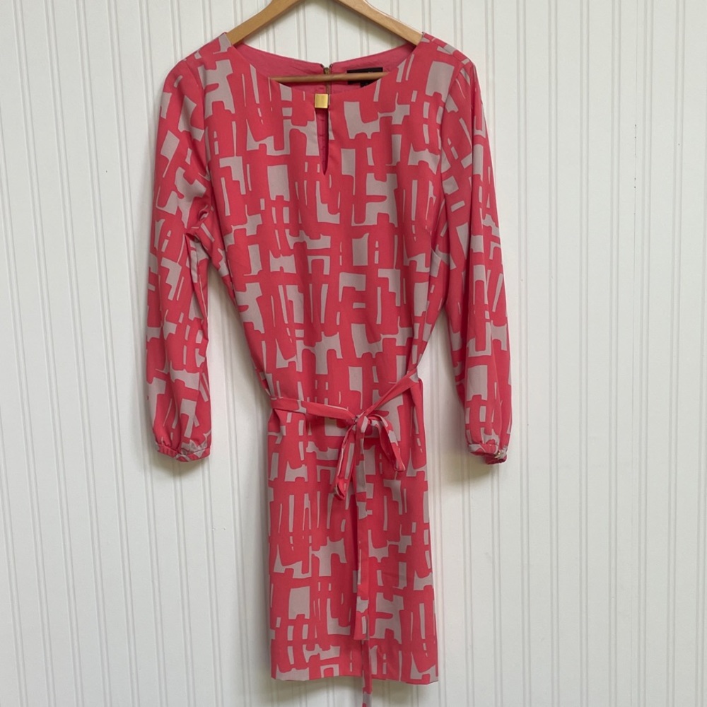Tahari Coral and Light Beige Abstract Long-Sleeve Tie-Waist Dress